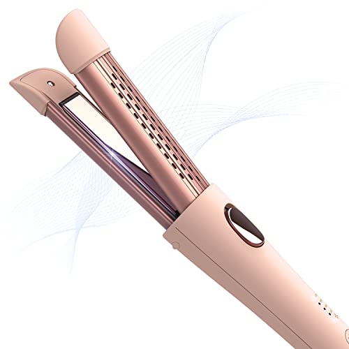 MIRACOMB Cool Air Curler Titanium Curling Wand 2 in 1 Hair Flat Iron 1” Styler for Loose Curls and Straight Styles, Max 430F, Auto Off, Dual Voltage, Pink (Package May Vary)