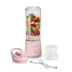 hamilton beach mini cordless portable personal blender for shakes and smoothies, usb rechargeable, 16 oz. jar with leakproof travel lid, 6 stainless steel blades, pink (51181)