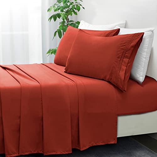 Entisn 4pcs Brushed Microfiber Sheet Queen Size Sets, 1800 Thread Count Ultra-Soft Egyptian Quality Bed Sheets, Orange Luxury Bedding Sheets with 16" Deep Pockets, Breathable & Cozy & Anti-Wrinkle