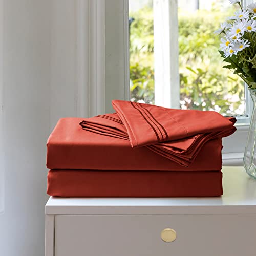 Entisn 4pcs Brushed Microfiber Sheet Queen Size Sets, 1800 Thread Count Ultra-Soft Egyptian Quality Bed Sheets, Orange Luxury Bedding Sheets with 16" Deep Pockets, Breathable & Cozy & Anti-Wrinkle