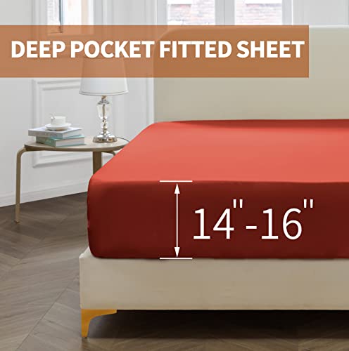 Entisn 4pcs Brushed Microfiber Sheet Queen Size Sets, 1800 Thread Count Ultra-Soft Egyptian Quality Bed Sheets, Orange Luxury Bedding Sheets with 16" Deep Pockets, Breathable & Cozy & Anti-Wrinkle