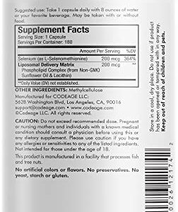 Codeage Selenium 200 mcg Supplement, 6-Month Supply, Immune Support, Mineral Cofactor Selenomethionine, Phospholipids, Vegan, Liposomal Delivery, 180 Capsules