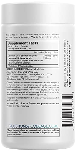 Codeage Selenium 200 mcg Supplement, 6-Month Supply, Immune Support, Mineral Cofactor Selenomethionine, Phospholipids, Vegan, Liposomal Delivery, 180 Capsules