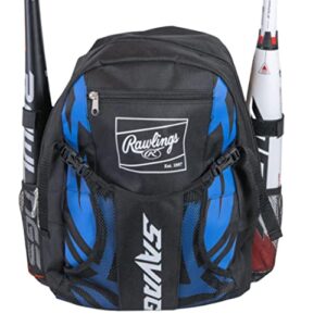 rawlings savage youth baseball bag - kids bat bag – durable baseball backpack – holds two bats – includes hook to hang on fence - black/royal