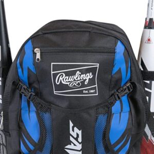 Rawlings Savage Youth Baseball Bag - Kids Bat Bag – Durable Baseball Backpack – Holds Two Bats – Includes Hook to Hang on Fence - Black/Royal