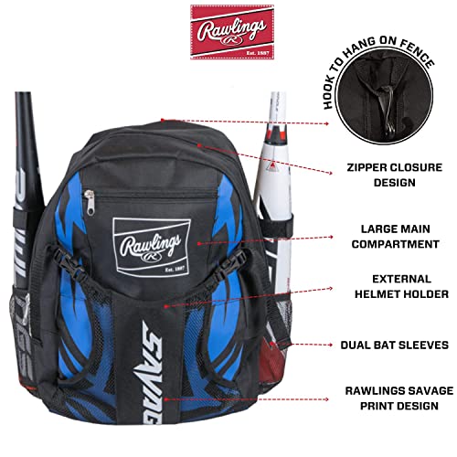 Rawlings Savage Youth Baseball Bag - Kids Bat Bag – Durable Baseball Backpack – Holds Two Bats – Includes Hook to Hang on Fence - Black/Royal