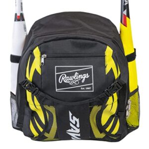 rawlings savage youth baseball bag - kids bat bag – durable baseball backpack – holds two bats – includes hook to hang on fence - black/volt