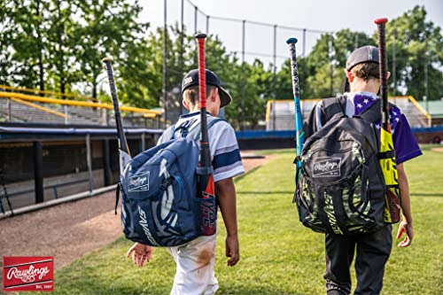 Rawlings Savage Youth Baseball Bag - Kids Bat Bag – Durable Baseball Backpack – Holds Two Bats – Includes Hook to Hang on Fence - Black/Volt