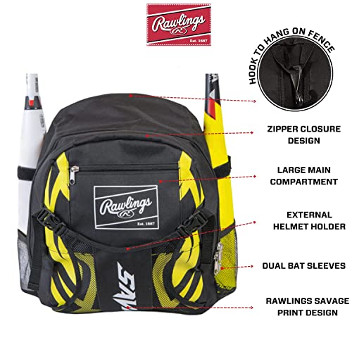 Rawlings Savage Youth Baseball Bag - Kids Bat Bag – Durable Baseball Backpack – Holds Two Bats – Includes Hook to Hang on Fence - Black/Volt