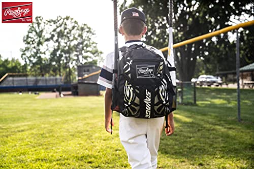 Rawlings Savage Youth Baseball Bag - Kids Bat Bag – Durable Baseball Backpack – Holds Two Bats – Includes Hook to Hang on Fence - Black/Volt