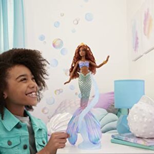 Mattel Disney The Little Mermaid Deluxe Mermaid Ariel Doll with Iridescent Tail, Hair Jewelry Beads, and Doll Stand