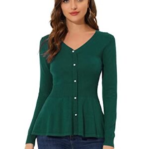 Allegra K Knit Peplum Tops for Women's Ribbed V Neck Long Sleeve Peplum Sweaters Small Dark Green