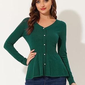 Allegra K Knit Peplum Tops for Women's Ribbed V Neck Long Sleeve Peplum Sweaters Small Dark Green