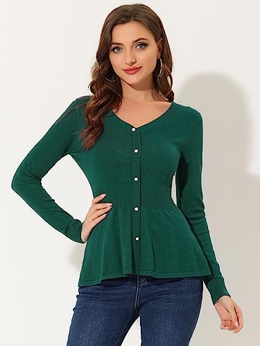 Allegra K Knit Peplum Tops for Women's Ribbed V Neck Long Sleeve Peplum Sweaters Small Dark Green