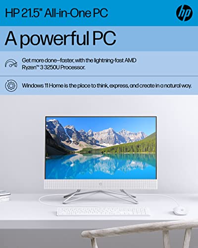 HP All-in-One PC Desk Computer, 21.5" Full HD Micro-Edge Display, AMD Ryzen 3 Processor, AMD Radeon Graphics, 8 GB SDRAM, 256 GB SSD, Windows11 Home OS, MU-MIMO, Bluetooth, and Wi-Fi (22-dd0032, 2022)