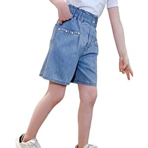 Aislor Kids Girls Fishtail Embroidery Pearls Ruffle Waist Denim Shorts Distressed Jean Shorts Hot Pants with Pockets Light Blue 11-12 Years