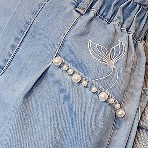 Aislor Kids Girls Fishtail Embroidery Pearls Ruffle Waist Denim Shorts Distressed Jean Shorts Hot Pants with Pockets Light Blue 11-12 Years