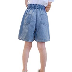 Aislor Kids Girls Fishtail Embroidery Pearls Ruffle Waist Denim Shorts Distressed Jean Shorts Hot Pants with Pockets Light Blue 11-12 Years