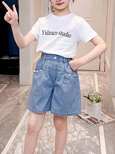 Aislor Kids Girls Fishtail Embroidery Pearls Ruffle Waist Denim Shorts Distressed Jean Shorts Hot Pants with Pockets Light Blue 11-12 Years