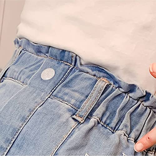 Aislor Kids Girls Fishtail Embroidery Pearls Ruffle Waist Denim Shorts Distressed Jean Shorts Hot Pants with Pockets Light Blue 11-12 Years