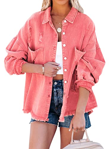 EVALESS Women's Denim Jacket Boyfriend Jean Jackets for Women Fashion 2023 Distressed Shacket Jacket Ripped Frayed Jean Shirts Business Casual Red Top Outfits with Pockets Light Stretchy Shirt,Large