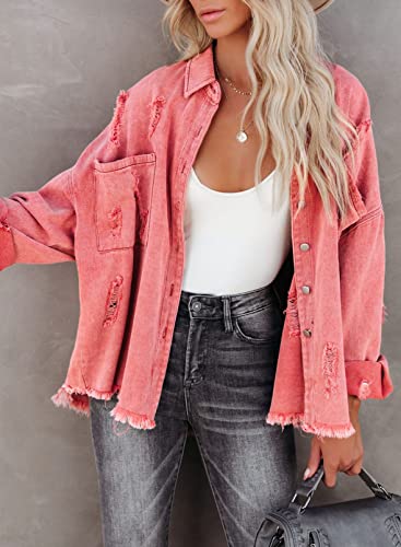 EVALESS Women's Denim Jacket Boyfriend Jean Jackets for Women Fashion 2023 Distressed Shacket Jacket Ripped Frayed Jean Shirts Business Casual Red Top Outfits with Pockets Light Stretchy Shirt,Large