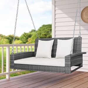 Tangkula 2 Person Wicker Hanging Porch Swing, Patiojoy Outdoor Rattan Swing with Soft Cushions and 2 Rustproof Steel Chains, 800 LBS Patio Swing Bench for Balcony, Garden and Yard (Off White)