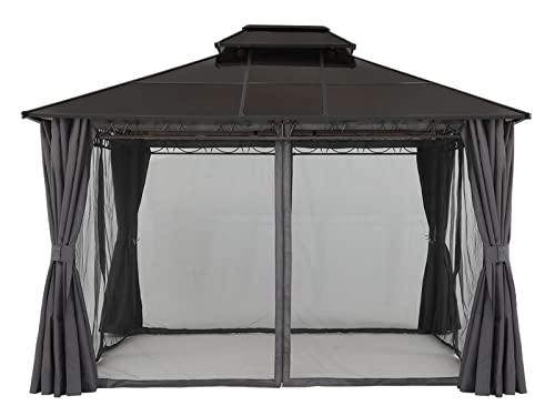 COOSHADE 10×12 Polycarbonate Roof Patio Gazebos Double Vent Waterproof Outdoor Gazebo with Curtains and Mosquito Netting (Dark Grey)