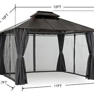 COOSHADE 10×12 Polycarbonate Roof Patio Gazebos Double Vent Waterproof Outdoor Gazebo with Curtains and Mosquito Netting (Dark Grey)