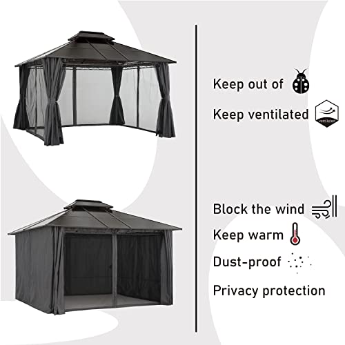 COOSHADE 10×12 Polycarbonate Roof Patio Gazebos Double Vent Waterproof Outdoor Gazebo with Curtains and Mosquito Netting (Dark Grey)