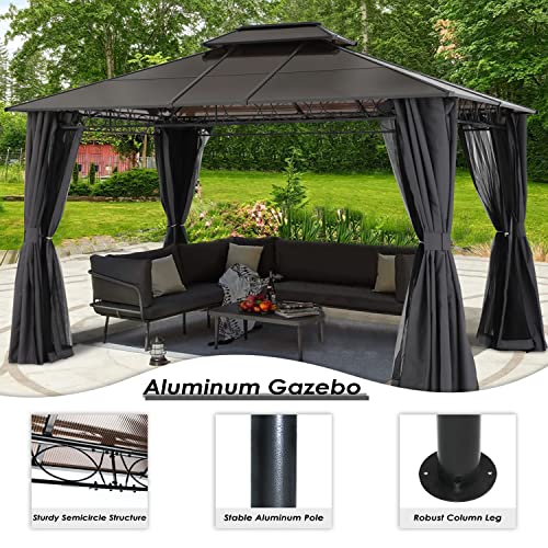 COOSHADE 10×12 Polycarbonate Roof Patio Gazebos Double Vent Waterproof Outdoor Gazebo with Curtains and Mosquito Netting (Dark Grey)