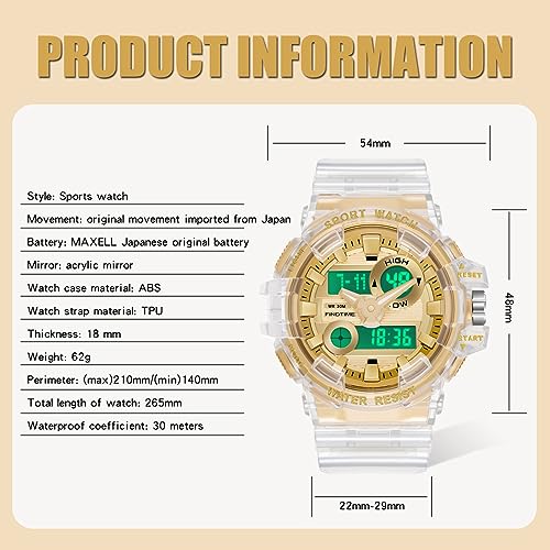 findtime Mens Watch Digital Large Face Outdoor Sport Watch Stopwatch for Men Alarm Tactical 30M Waterproof Watches for Men Military Transparent Design