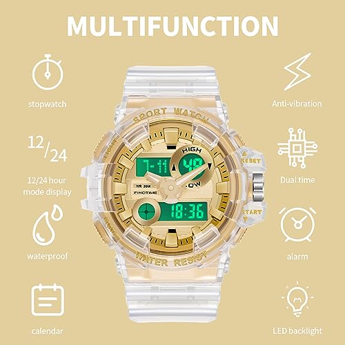 findtime Mens Watch Digital Large Face Outdoor Sport Watch Stopwatch for Men Alarm Tactical 30M Waterproof Watches for Men Military Transparent Design