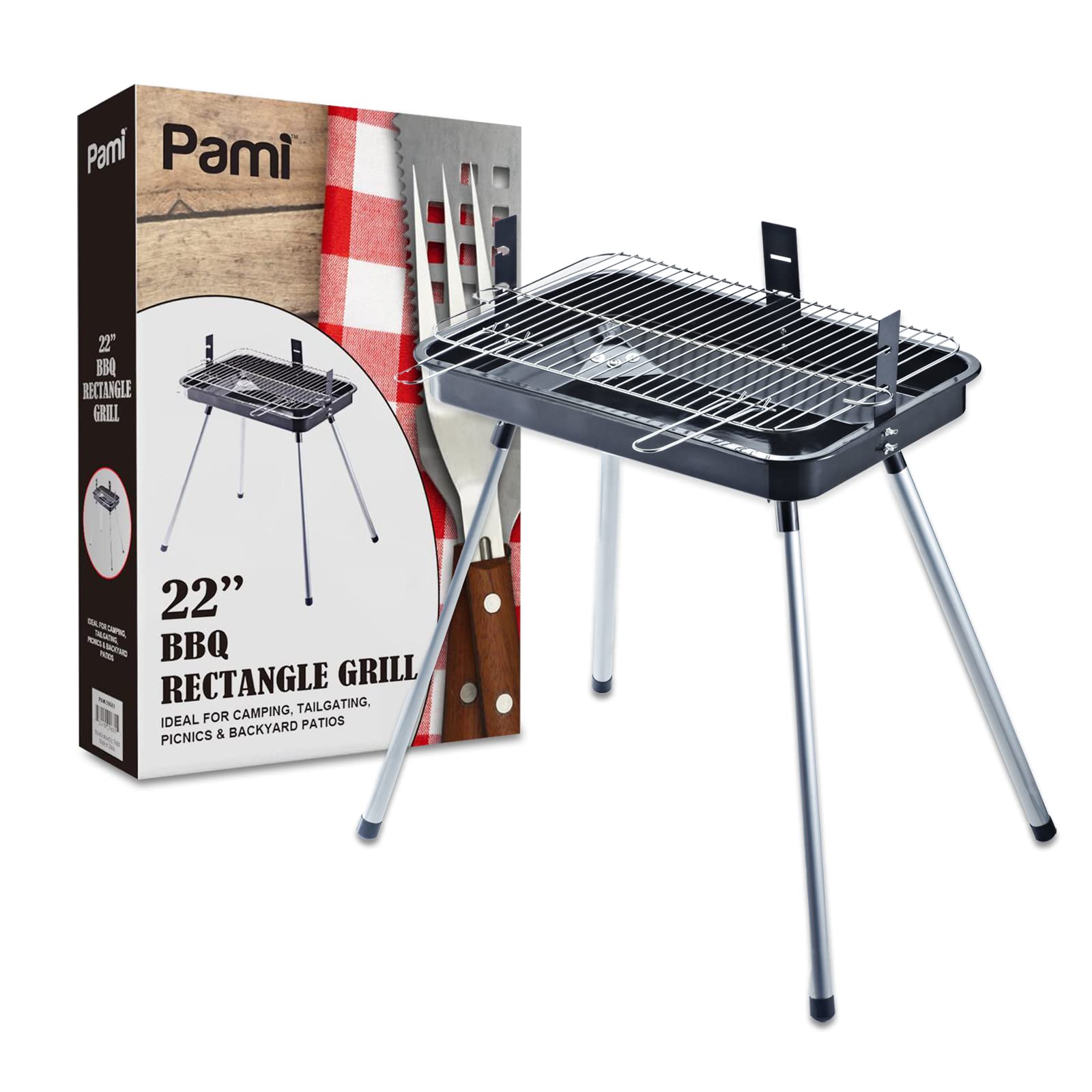 PAMI Portable BBQ Charcoal Standing Grill - 22” Rectangle Medium Grill For Courtyard, Backyard Patio, Camping, Tailgating & Picnics- Lightweight Metal Outdoor Cooking Grill For Steaks, Veggies & More