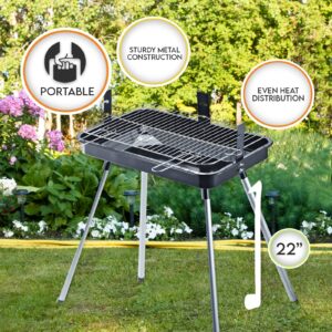 PAMI Portable BBQ Charcoal Standing Grill - 22” Rectangle Medium Grill For Courtyard, Backyard Patio, Camping, Tailgating & Picnics- Lightweight Metal Outdoor Cooking Grill For Steaks, Veggies & More