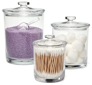 premium quality clear acrylic plastic apothecary jars with lids for bathroom & kitchen organization – containers are elegant durable organizers great for q-tip cotton swabs, food & candy storage – bpa -free – set of 3 sizes - 15, 35 & 45 oz