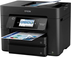 epson workforce pro all-in-one wf-4833 color inkjet printer, 4.3" color touchscreen display, wireless connectivity, automatic duplex printing, 4800x2400 dpi, mobile cloud printing, black, hdmi cable