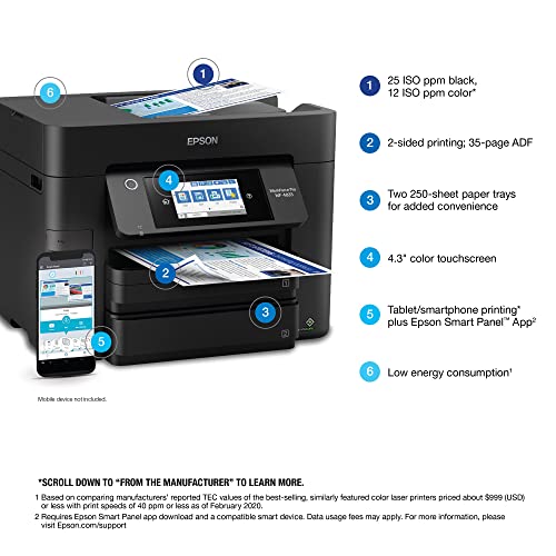 Epson Workforce Pro All-in-One WF-4833 Color Inkjet Printer, 4.3" Color Touchscreen Display, Wireless Connectivity, Automatic Duplex Printing, 4800x2400 dpi, Mobile Cloud Printing, Black, HDMI Cable