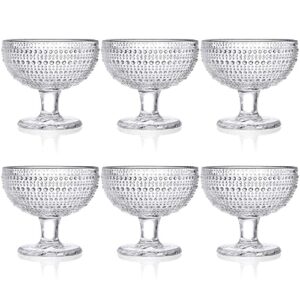 zoofox 6 pack glass ice cream bowl set, 12 oz footed fruit parfait cups, embossed design glass dessert bowls for sundae, ice cream, smoothie, fruit, salad, yogurt, cocktail, snack