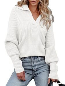 anrabess women polo v neck batwing long sleeve casual oversized ribbed knit fall pullover sweater top 599bai-l white