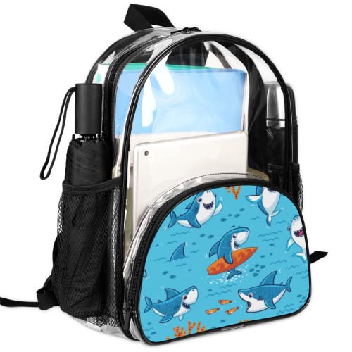 Cute Surfing Shark Clear Mini Backpacks, Transparent Backpack Heavy Duty PVC See Through Bookbags Casual Daypack with Reinforced Straps for Work, School, Security, Travel, Beach