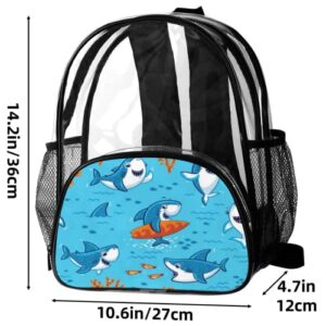 Cute Surfing Shark Clear Mini Backpacks, Transparent Backpack Heavy Duty PVC See Through Bookbags Casual Daypack with Reinforced Straps for Work, School, Security, Travel, Beach