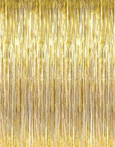 gold metallic tinsel foil fringe curtains | 2pcs 3.2ft x 8.2ft gold backdrop party streamers for birthday wedding engagement bridal shower baby shower bachelorette party decorations