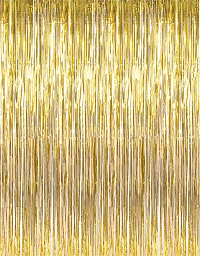 Gold Metallic Tinsel Foil Fringe Curtains | 2pcs 3.2ft x 8.2ft Gold Backdrop Party Streamers for Birthday Wedding Engagement Bridal Shower Baby Shower Bachelorette Party Decorations