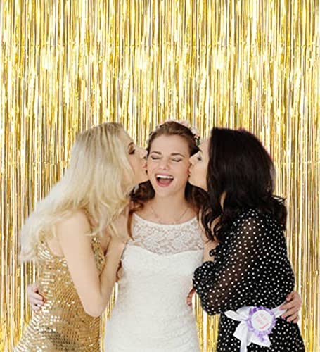 Gold Metallic Tinsel Foil Fringe Curtains | 2pcs 3.2ft x 8.2ft Gold Backdrop Party Streamers for Birthday Wedding Engagement Bridal Shower Baby Shower Bachelorette Party Decorations