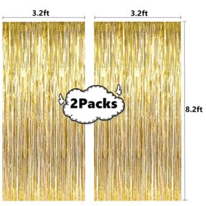 Gold Metallic Tinsel Foil Fringe Curtains | 2pcs 3.2ft x 8.2ft Gold Backdrop Party Streamers for Birthday Wedding Engagement Bridal Shower Baby Shower Bachelorette Party Decorations