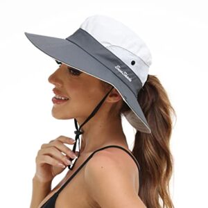 Womens Summer Sun Hat Beach Hat Wide Brim Outdoor UV Protection Hat Foldable Cool Mesh Ponytail Bucket Hat (Grey+Beige)