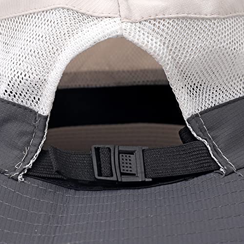 Womens Summer Sun Hat Beach Hat Wide Brim Outdoor UV Protection Hat Foldable Cool Mesh Ponytail Bucket Hat (Grey+Beige)