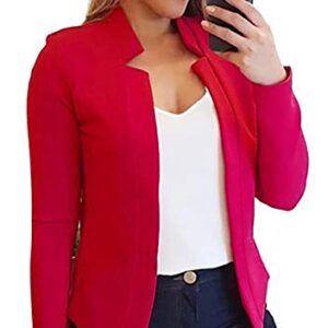 DIACACY Women Solid Color Notched Blazer Suit Open Front Loose Fit Blazer Jacket Cardigan red L