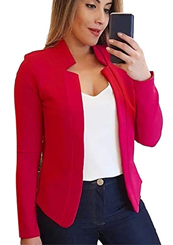 DIACACY Women Solid Color Notched Blazer Suit Open Front Loose Fit Blazer Jacket Cardigan red L